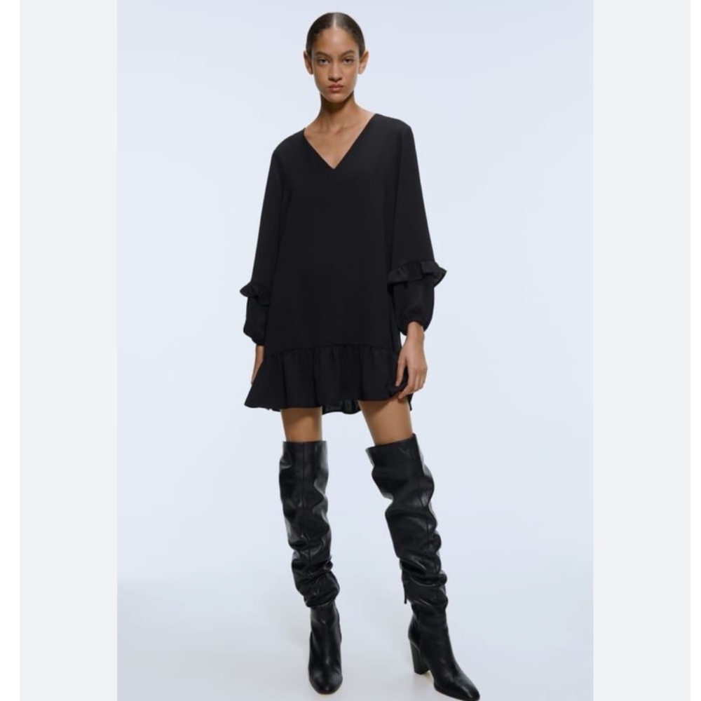 ZARA Ruffle Shift V Neck Dress